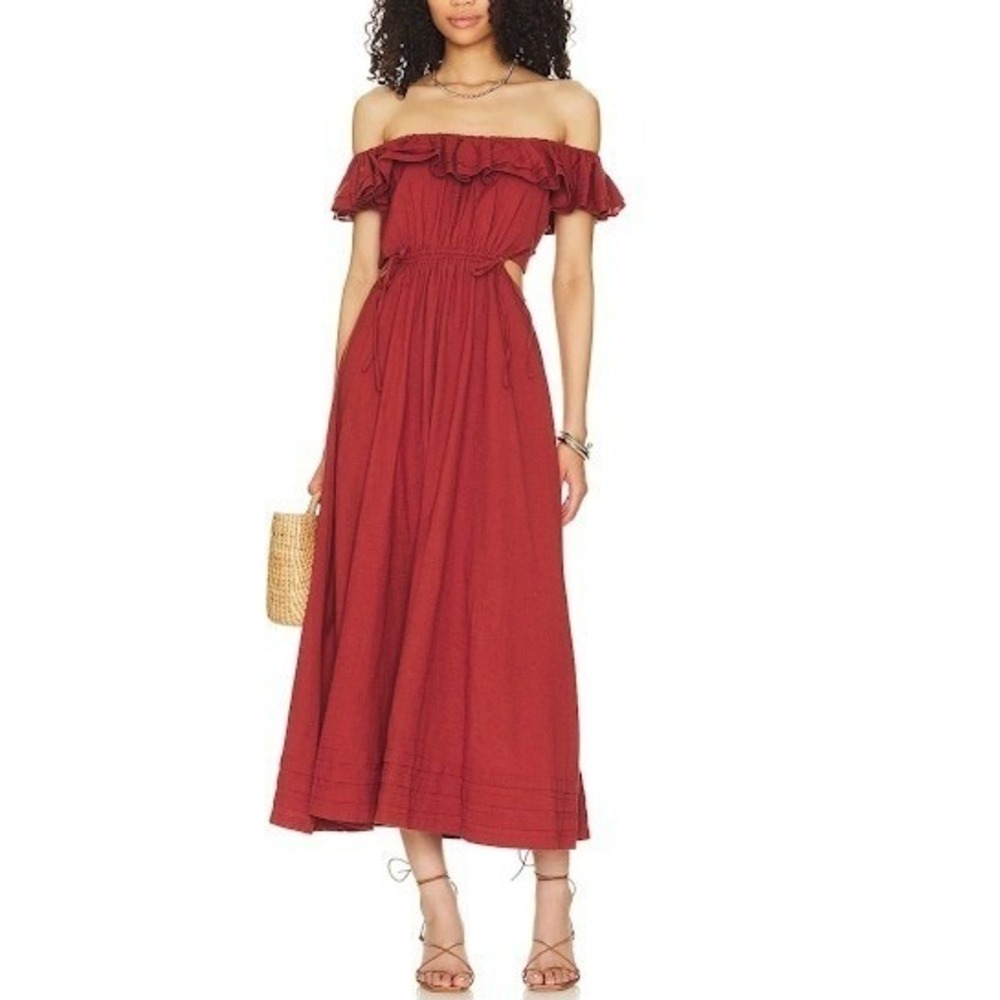 CLEOBELLA DARIA Cut Out Midi Dress Rust Red Ruffle Off Shoulder Size M Natural